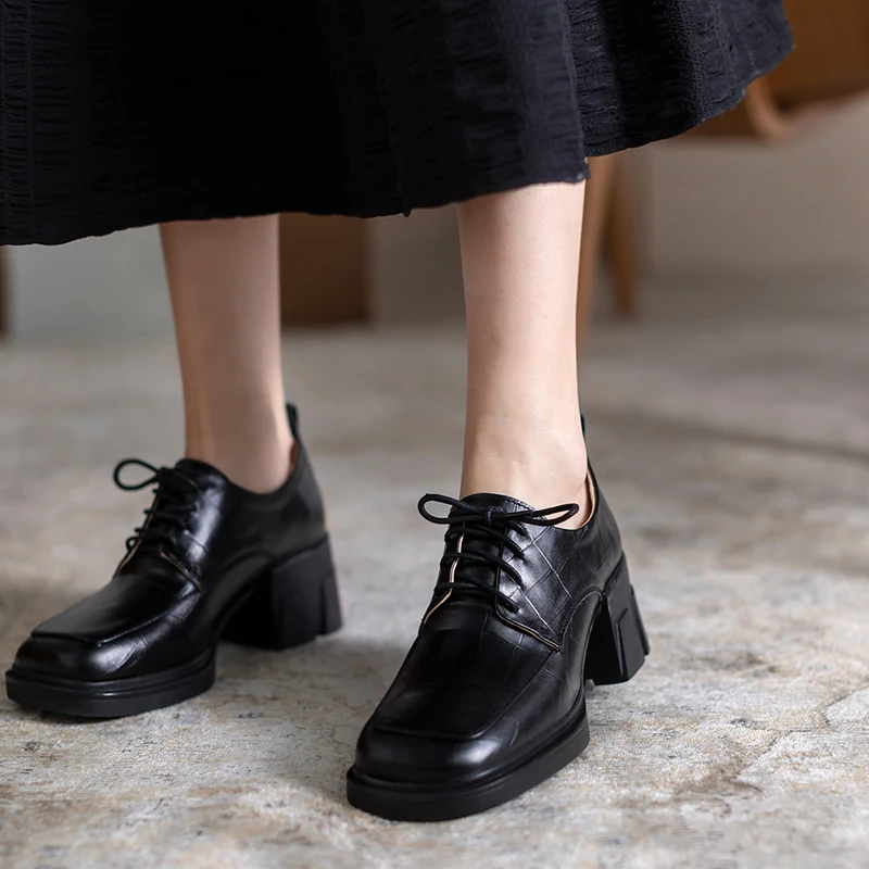 

Genuine Leather 2021 Newest lace up shoes Platform Square High Heels Pumps For Girls Fashion Working Party Shoes Woman Heels