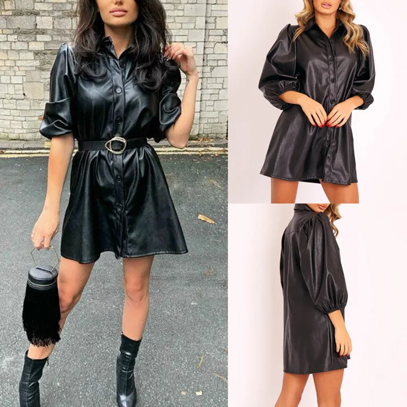 

2020 Spring Summer nNew Dress Casual Loose Lapel Button PU Leather Long Sleeved Dress Loose Elegant Temperament Top Clothes