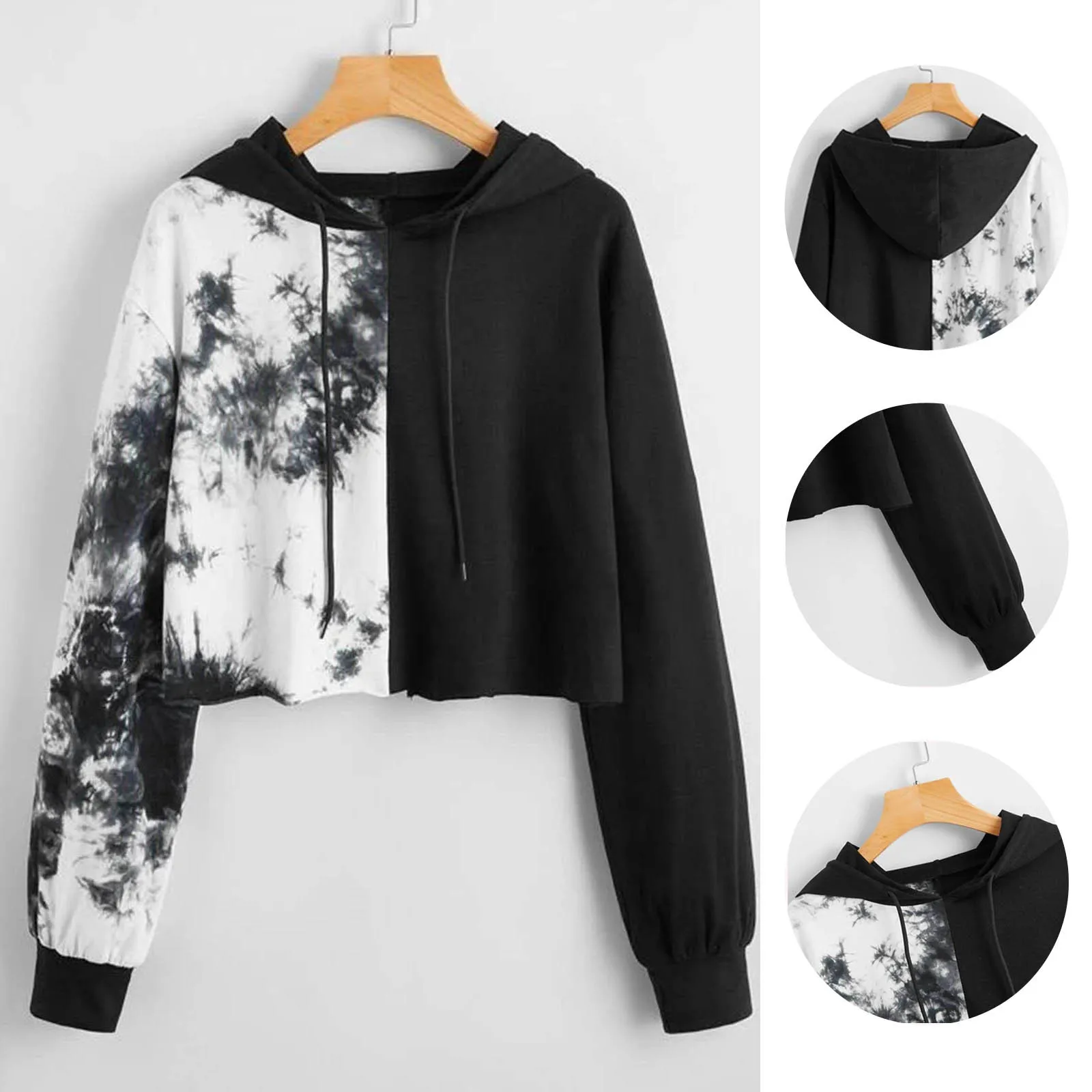 

Women Hoodies Tie-dye Print Loose Sweatshirt Street Long Sleeve Crop Top Hoodies Pullover Top Blouse New Autumn Outfit Tops R5