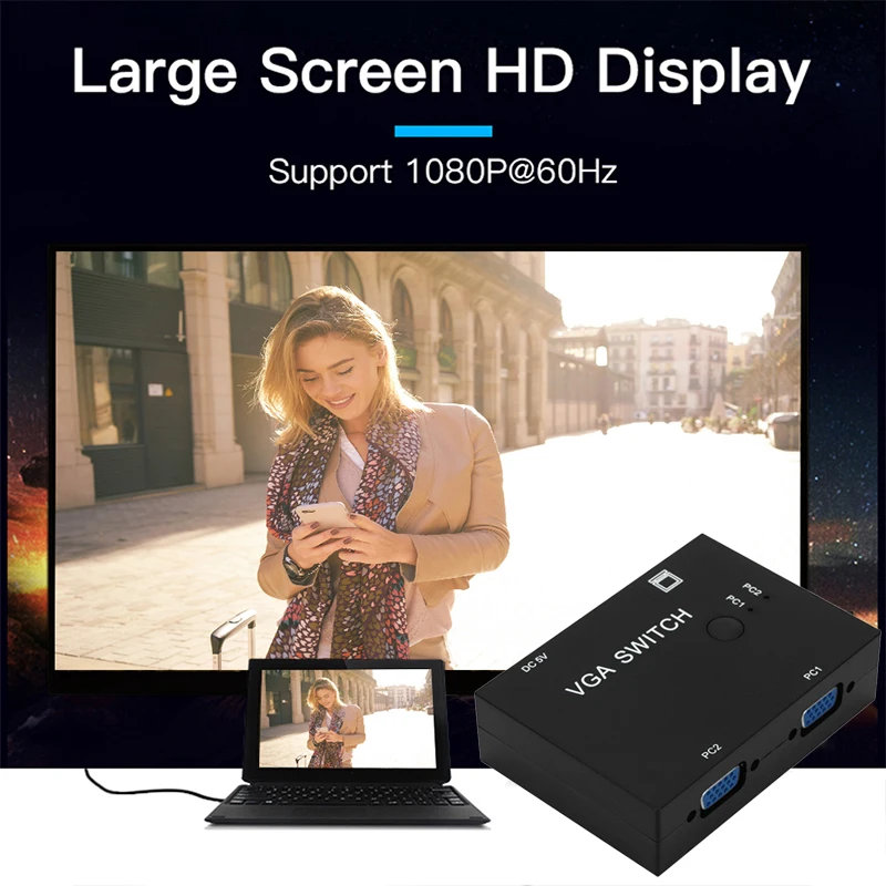 

2-Port VGA Monitor Sharing Switch Box Video Selector 2 In 1 Out for HDTV PC Office @M23