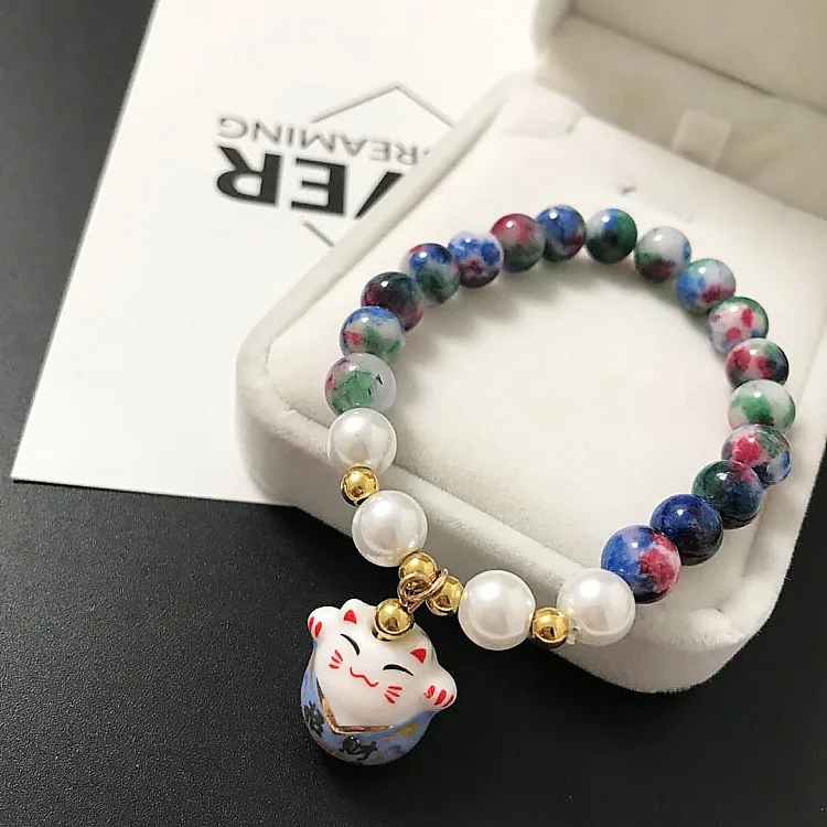 Модные женские красочные бисерные браслеты Lucky Cat OL, браслеты со стеклянными шариками и кристаллами для девочек Kawaii, повседневные Розовые ювелирные изделия высокого качества - Окраска металла: 8