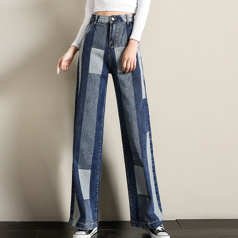 Европейская мода Контрастность Цвет широкие брюки джинсы для женщин женские