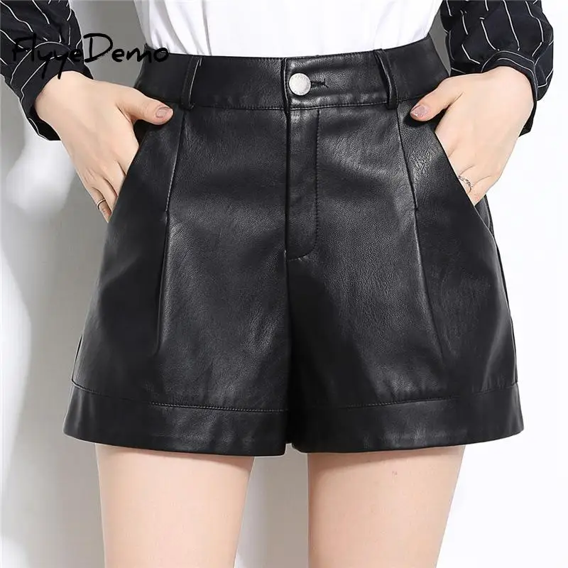 

2021 New Black Leather Shorts Women High Waist Wide Leg Pantalones Cortos De Mujer Female Office Sexy Mini Booty Shorts Hot Sale