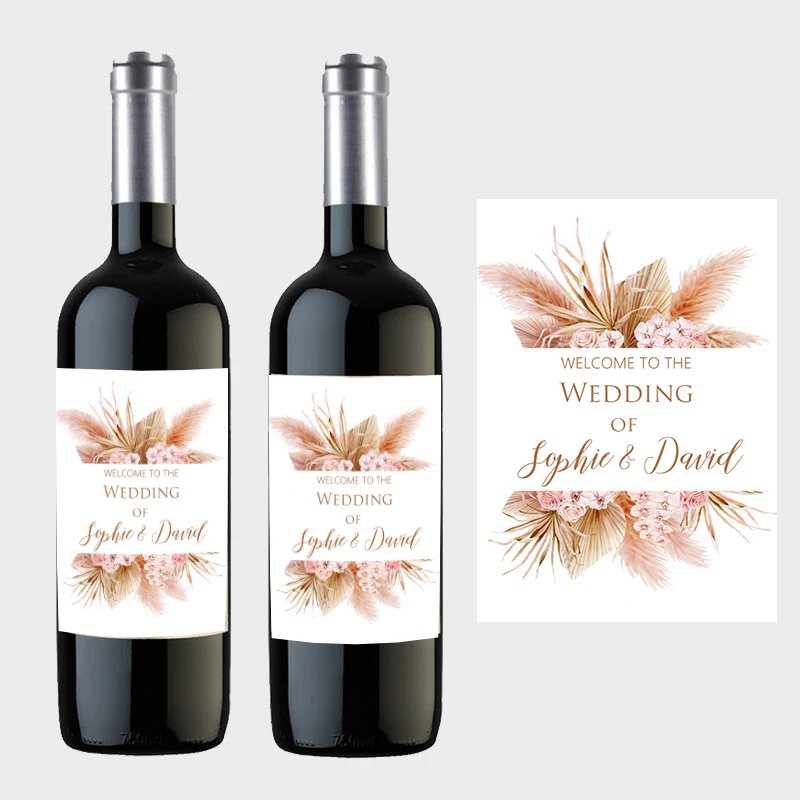 Pampas Grass Design Wine Bottle Wraps Sticker Customize Labels Any Text Occasion Personalise Baptism Birthday Baby Shower Decor