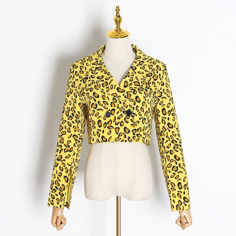 GALCAUR винтажная леопардовая Женская куртка воротник с лацканами расклешенный