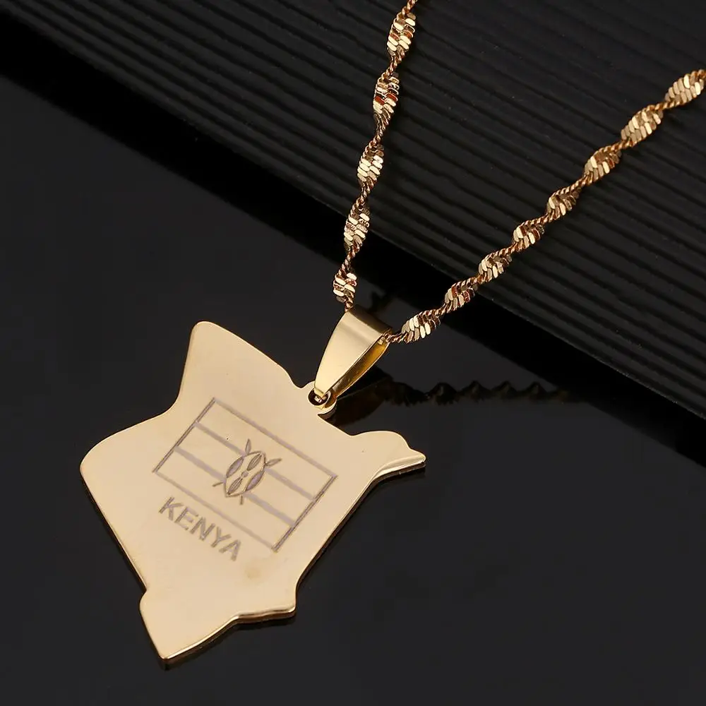 Нержавеющая сталь кенийская карта кулон ожерелья золотой цвет страны кенианцы
