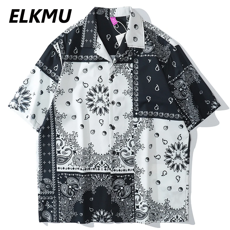 

ELKMU Summer Shirt Bandana Paisley Pattern Color Block Patchwork Shirt Hip Hop Streetwear Loose Shirts Vintage Blouse Male HE667