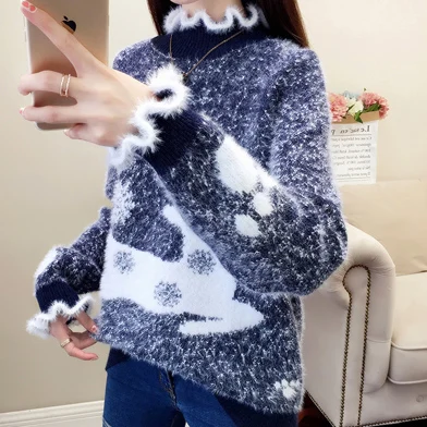 sweater Уродливый Рождественский свитер с оленем, водолазка, кашемировый свитер для женщин, высокий ворот, пушистый мех, зимние свитера, Pull Femme - Цвет: sweater