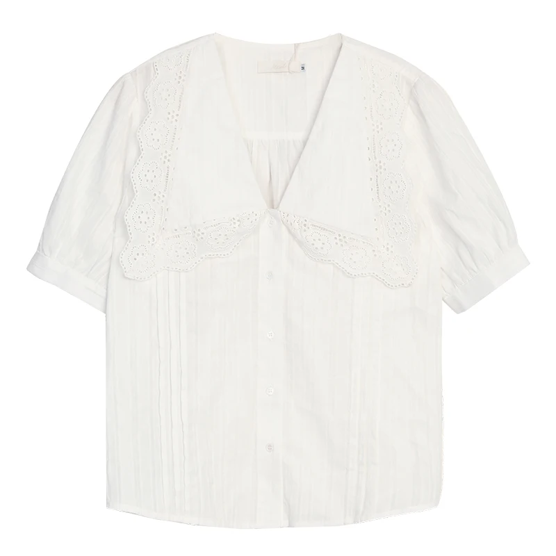 

summer v-neck doll collar design feeling short sleeve white shirt hubble-bubble sleeve Japanese restoring ancient ways top women