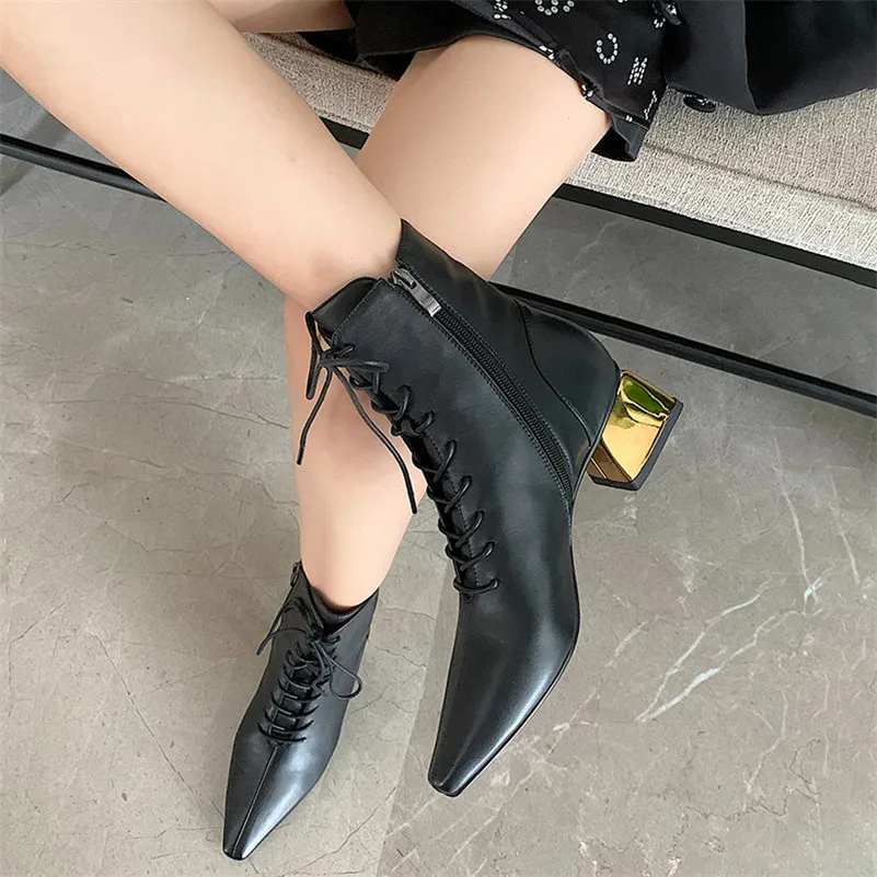 

Meotina Ankle Boots Women Shoes Real Leather Mid Heels Lady Boots Pointed Toe Block Heels Lace Up Zip Short Boots Autumn Brown