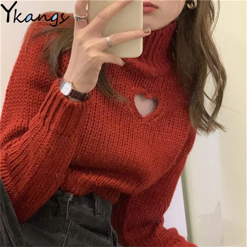 Повседневная Водолазка с длинным рукавом вязаный пуловер вырезами в форме