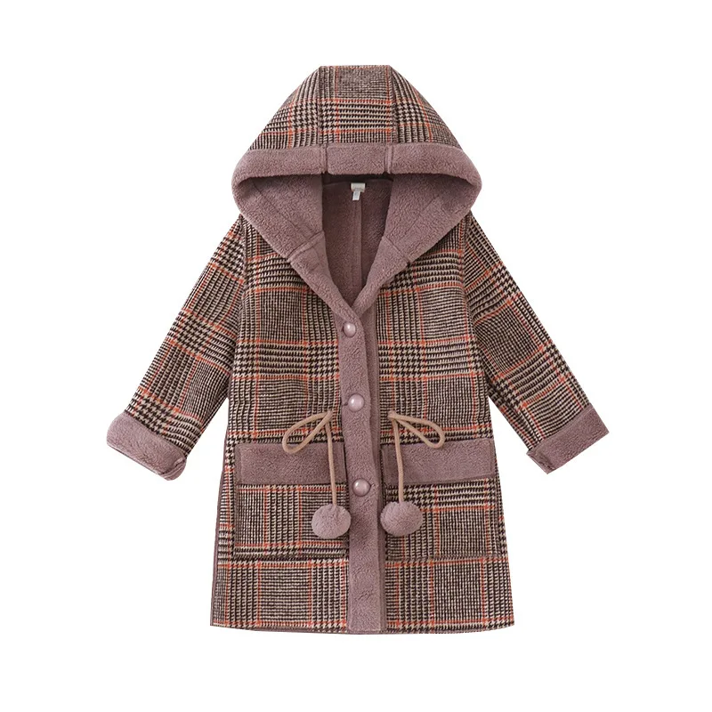 Girls Thick Woolen Jacket Kids Warm Jackets for Winter Plaid Hooded Coat Parkas Outerwear Children Girl Overcoat | Детская одежда и