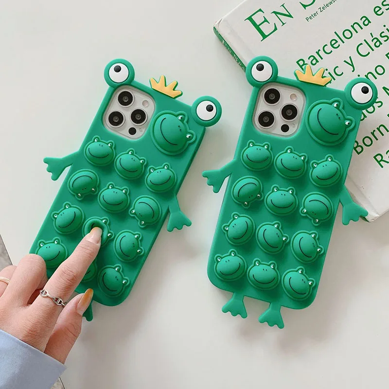 

Cute 3D Frog Prince Relive Stress Fidget Toy Push Bubble Silicon Case For IPhone 13 12 Pro Max 11 XS XR X 8 7 Armor Back Cover