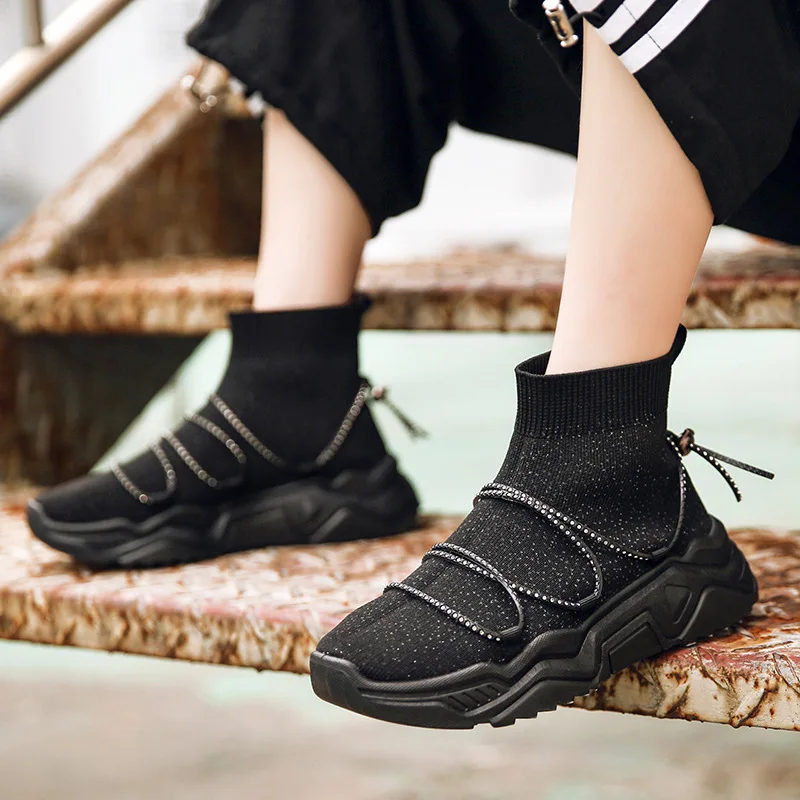 

2020 spring new women's high-top mesh sneakers comfortable breathable casual socks shoes fashion black rhinestones Y175