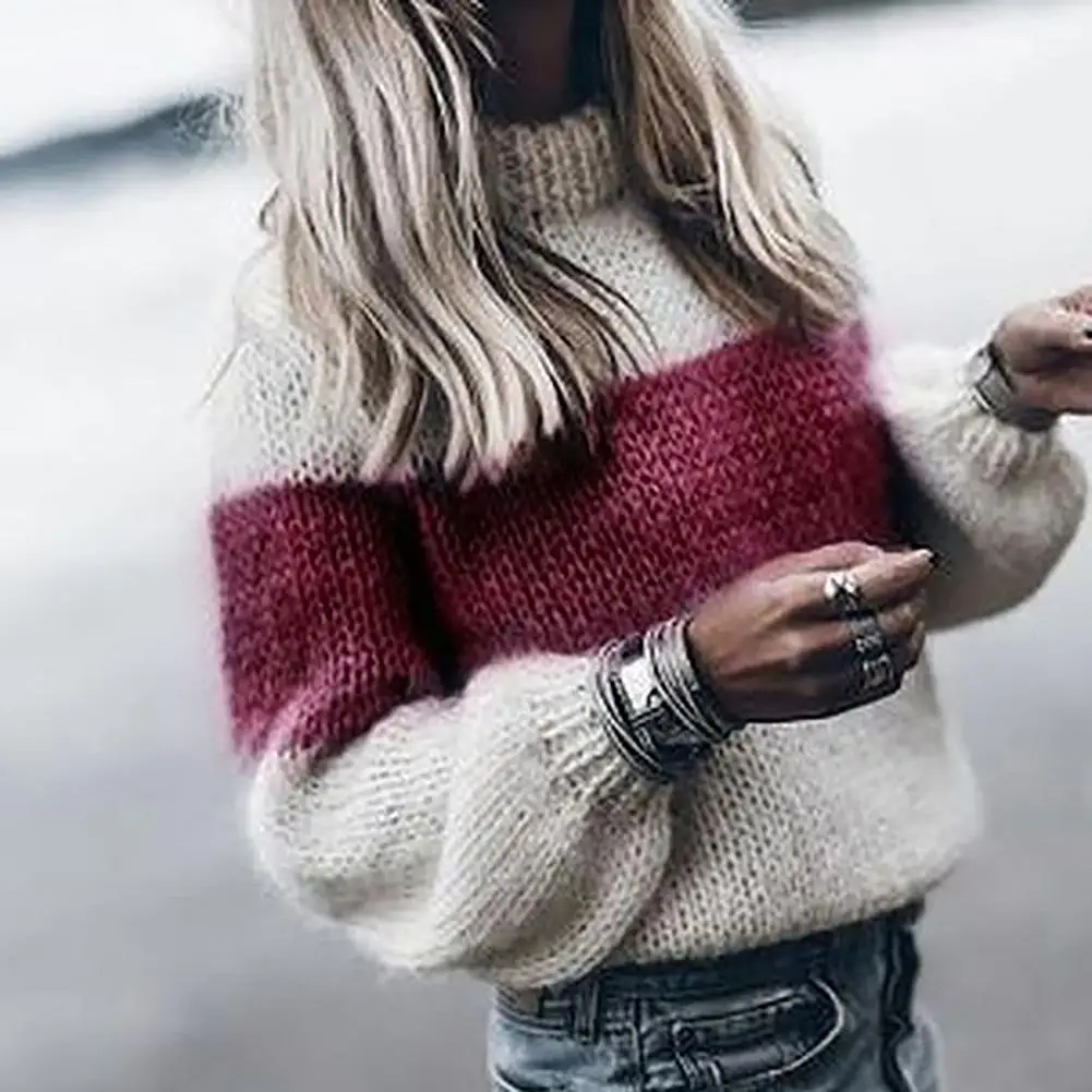 

Casual Women Thin Autumn Winter O Neck Color Block Patchwork Loose Knitted Sweater Polyester Women's Clothing