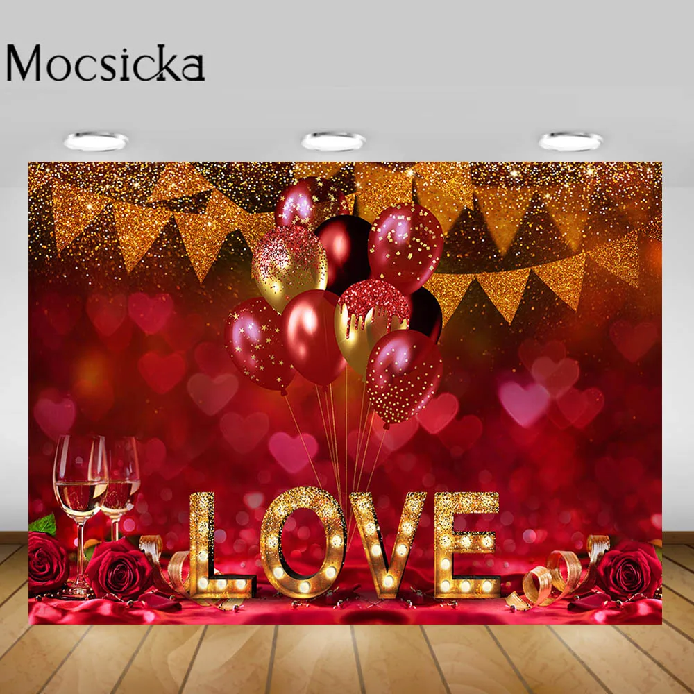 

Mocsicka Happy Valentine's Day Photography Backdrops Roses Ballon Wedding LOVE Photo Background for Photo Studio Photocall Props