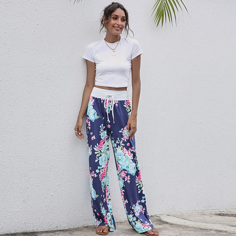 

SurainSun 2021 autumn new trousers bandage casual fashion lace up printed wide leg high waist sweatpants women loose pants