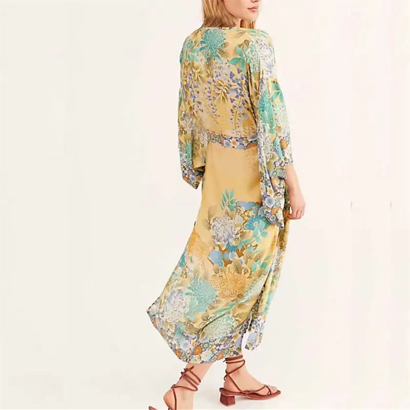 2020 богемная летняя пляжная одежда с принтом и коротким рукавом длинное кимоно