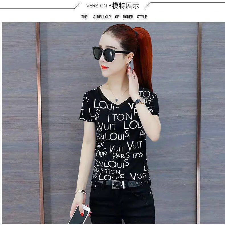 

Summer women's 2021 new V-neck short sleeve T-shirt women's summer European slim fit fashion top fashion