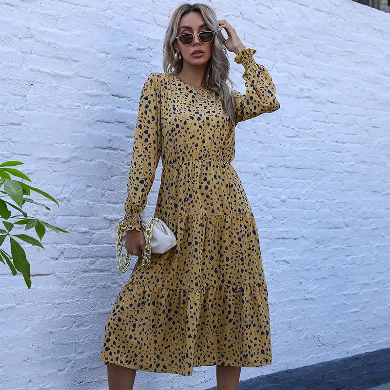 

LUCKYFRIDAYF Leopard Round Neck Long Sleeve Hedging Lightly Cooked High Waist Woman Dress Vestido De Mujer Kobieta Sukienka XL