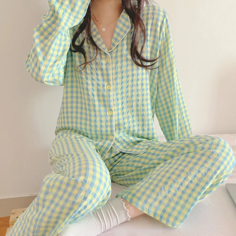 Yasuk Spring Autumn Fashion Women's Casual Solid Plaid Sleepwear Homewear Cute Pajamas Set With Pants Purple Soft Sweet Girl