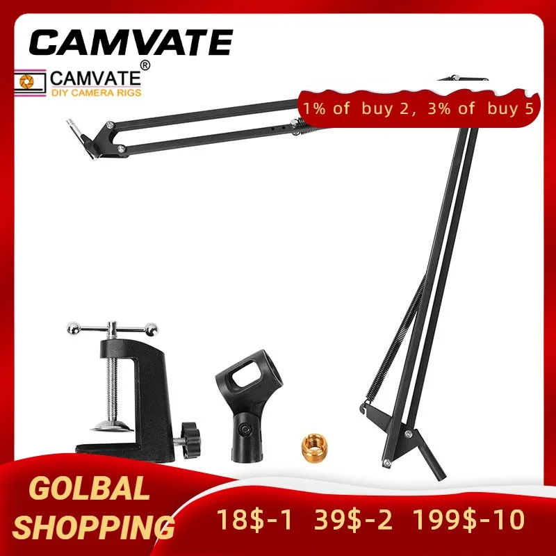 

CAMVATE Foldable NB-39 Microphone Stand Clip /Boom Arm/Adjustable Suspension Scissor Arm Stand With Table Mounting C Clamp Base