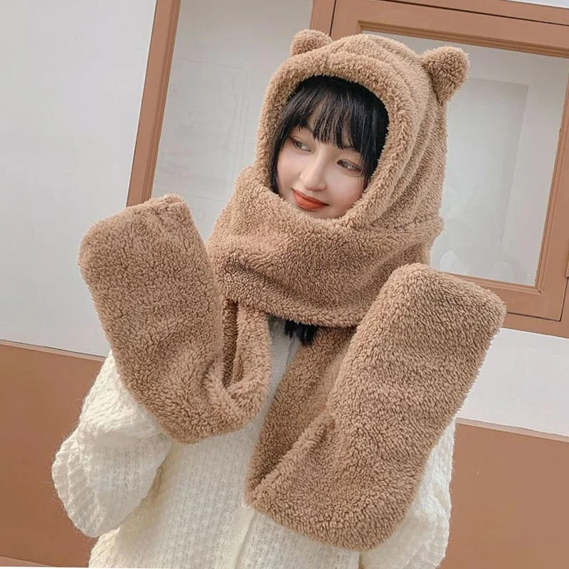 

Three-piece Hooded Winter for Girls Thick And Warm Cute Bear Hat Women's Earflap Scarf Gloves One Scarf