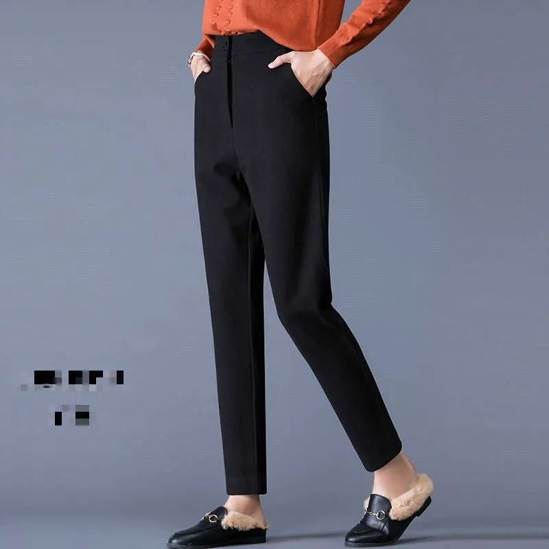 

2021 Women Autumn Winter Woolen Straight Pants Lady Loose High Waist Harem Trousers Female Button Solid Elegant Casual Pants