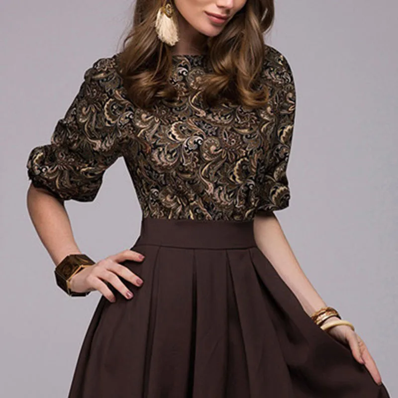 

Elegant Dress 2019 Spring and Autumn Women O-neck 3/4 Sleeve Knee-length Dress Women Dress with Ruffles Office Dress Vestidos