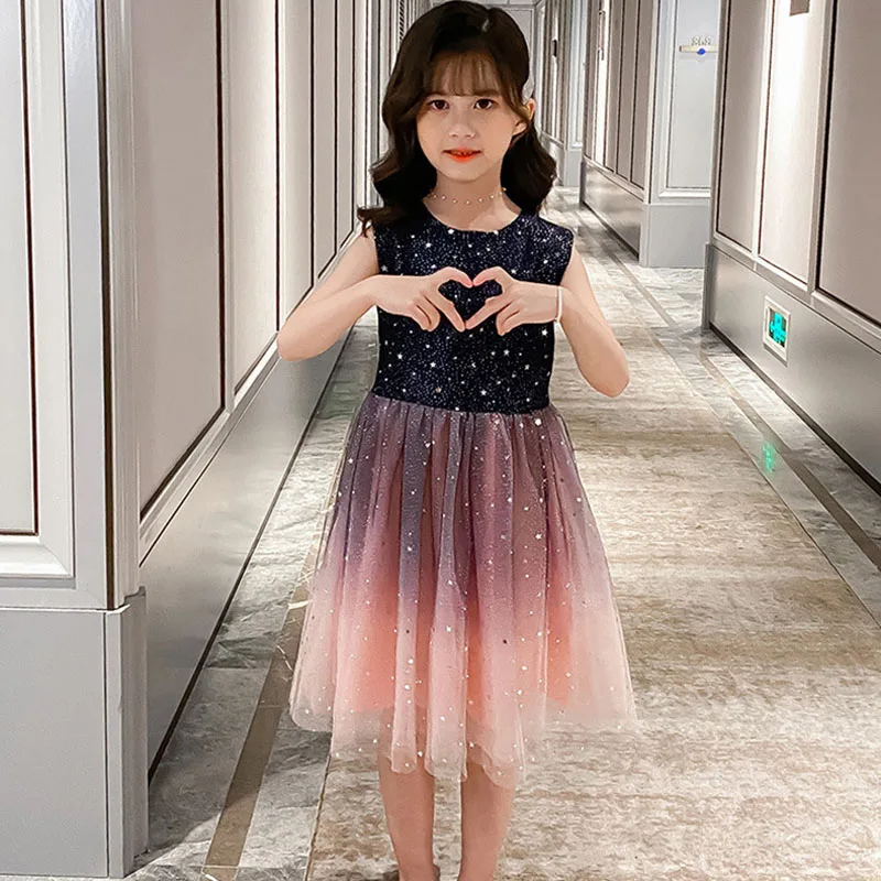 

Girls Dress Spring Princess Dress Fashion Flower Girl Puffy Yarn Piano Costume Children Starry Sky Dress