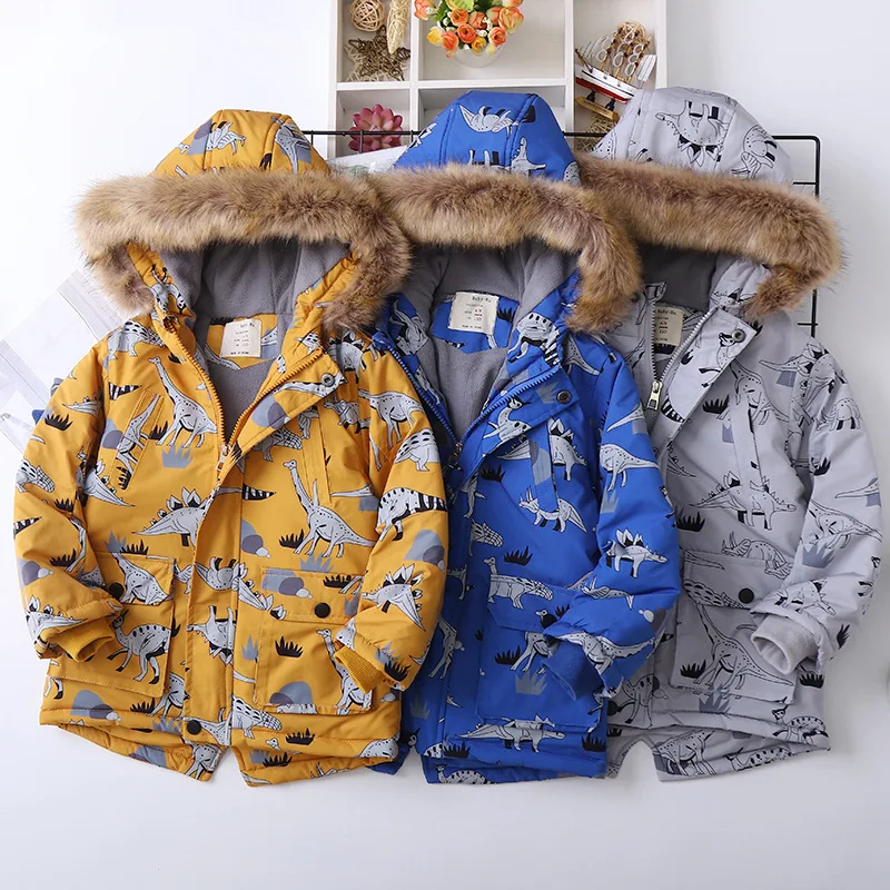 

Winter Cartoon Print Plus Velvet Thicken Hooded Cotton-padded Warm Jacket Children Outwear Boys Parkas Fashion Fur Collar Coats