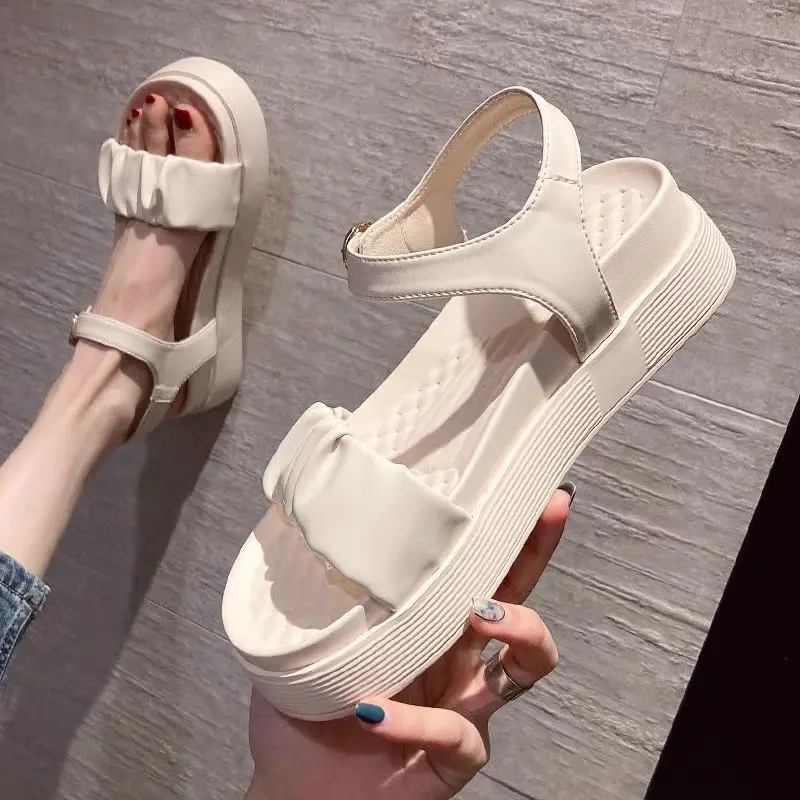 

Low Sandals Woman Leather Muffins shoe 2021 Summer Med Clear Heels Beach Shoes Suit Female Beige Buckle Strap Low-heeled Flat Me