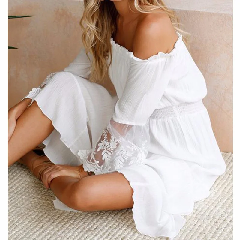 

Moonbiffy Summer Sundress Long Women White Beach Dress Strapless Long Sleeve Loose Sexy Off Shoulder Lace Boho Cotton Maxi Dress