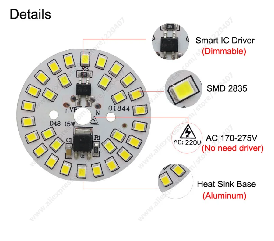 Фото 10 шт ac 220v led pcb SMD2835 3w 5w 7w 9w 12w 15w встроенный драйвер ic, светодиодный ные бусины smart IC SMD, светодиодный источник светильник светодиодный светодиод... №3