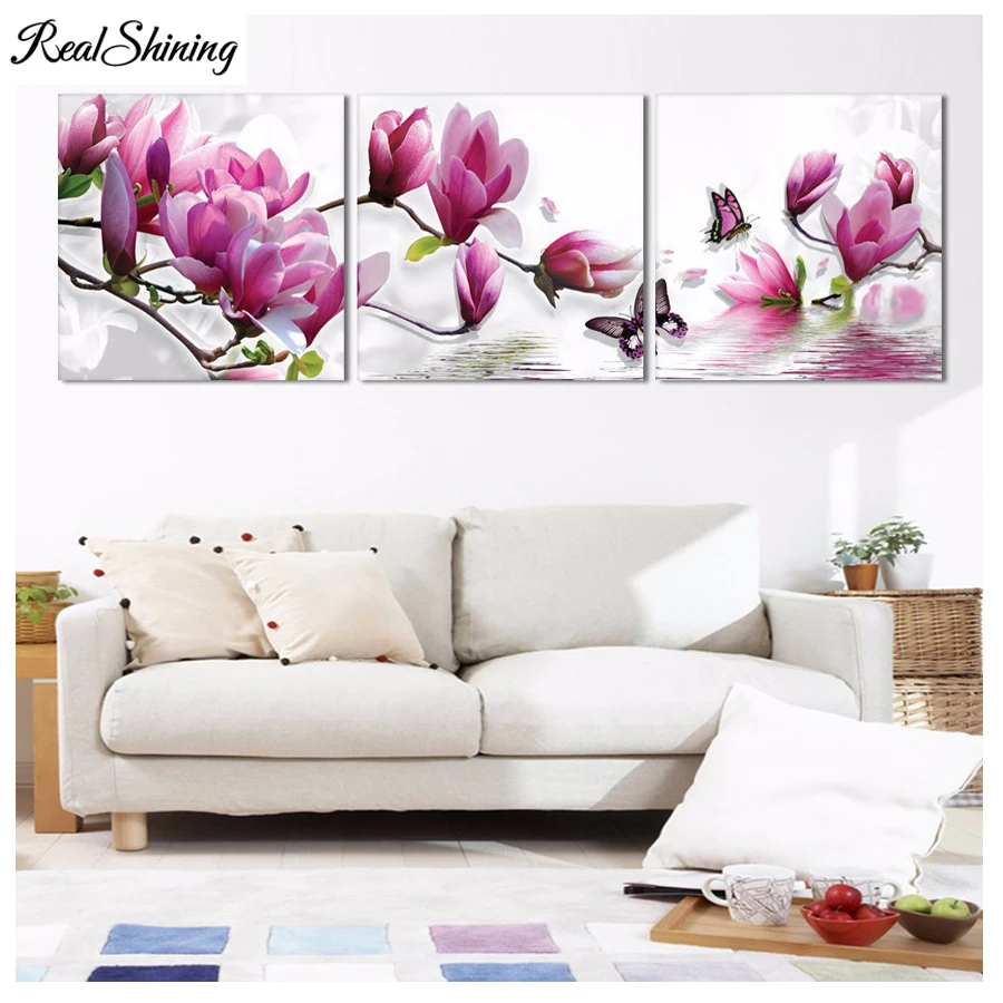 

3 Panels Pink Orchid Flower butterfly 5D DIY Diamond Painting cross stitch mosaic full square round diamond embroidery F699