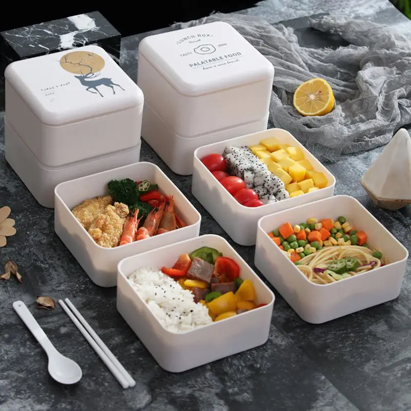 

1pcs Nordic Style Square 2Layer Portable Bento Box Lunch Box Cutlery Pattern Leakproof Food Container Picnic Student