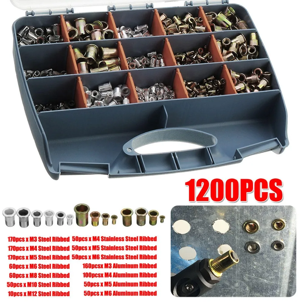 ALLSOME 1200 шт. M3 M4 m5 m6 m8 m10 m12 из нержавеющей стали заклепочные гайки Nutsert Rivnut заклепочные гайки комплект инструментов для ert HT2824