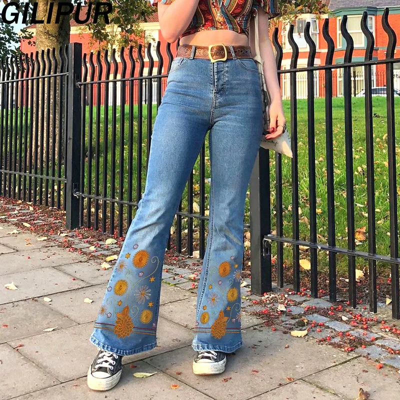 

GILIPUR Floral Vintage Jeans Women Casual High Waist Flared Pants Cotton Korean Denim Trousers Autumn Embroidered Wide Leg Jeans