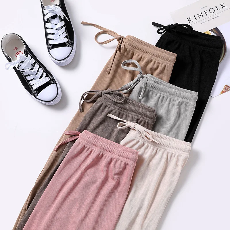 

Soft Comfort Women Pants 2021 New High Waist Casual Summer Slacks Pants Women Ice Silk Ankle-Length Long Trousers Female Slacks