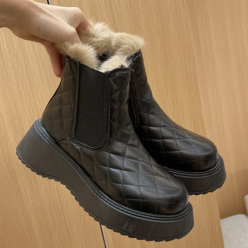 

Winter Fur Chelsea Women Boots 2022 New Platform Snow Boots Ankle Warm Wedges Fashion Pu Leather Goth Shoes Slip-on Lady Zapatos