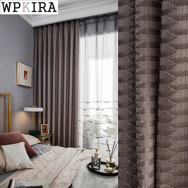 

Coffee Jacquard Curtain for Living Room Luxury Geometric Texture Curtain Blackout Window Drape Pearls Tulle Matched S303#C