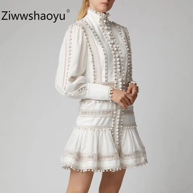 Ziwwshaoyu/высококачественное осенне-зимнее Брендовое короткое платье женские однобортные белые платья с длинным рукавом и отделкой из бус