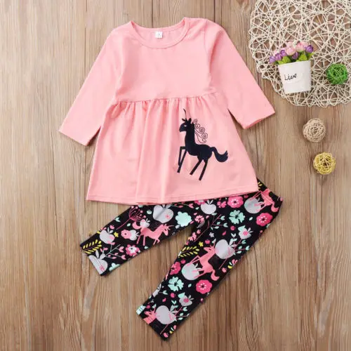 2020 Brand Adorable Toddler Girl Kid Floral Dress Unicorn Tops Pants 2pcs Outfits Clothes Set Size 2-7T | Детская одежда и обувь