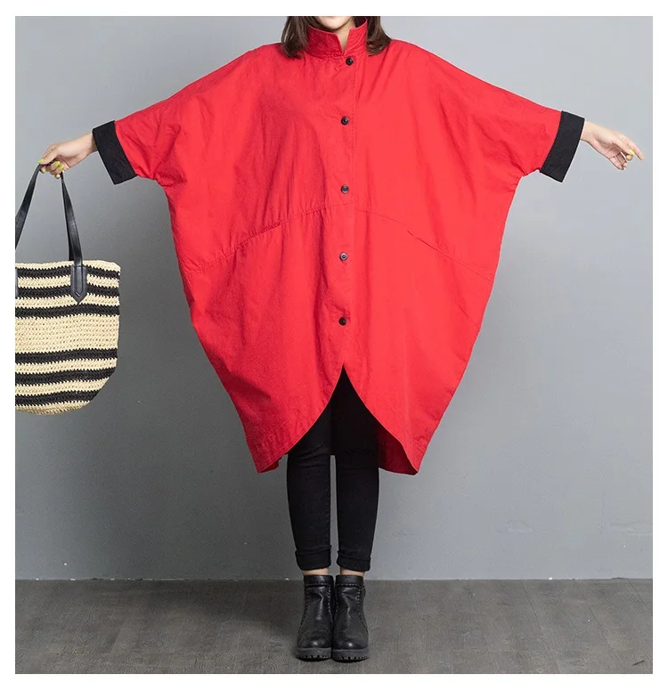Красный cotton plus size Oversized vintage women causal loose midi spring autumn shirt dress elegant clothes ladies dresses - Цвет: Красный