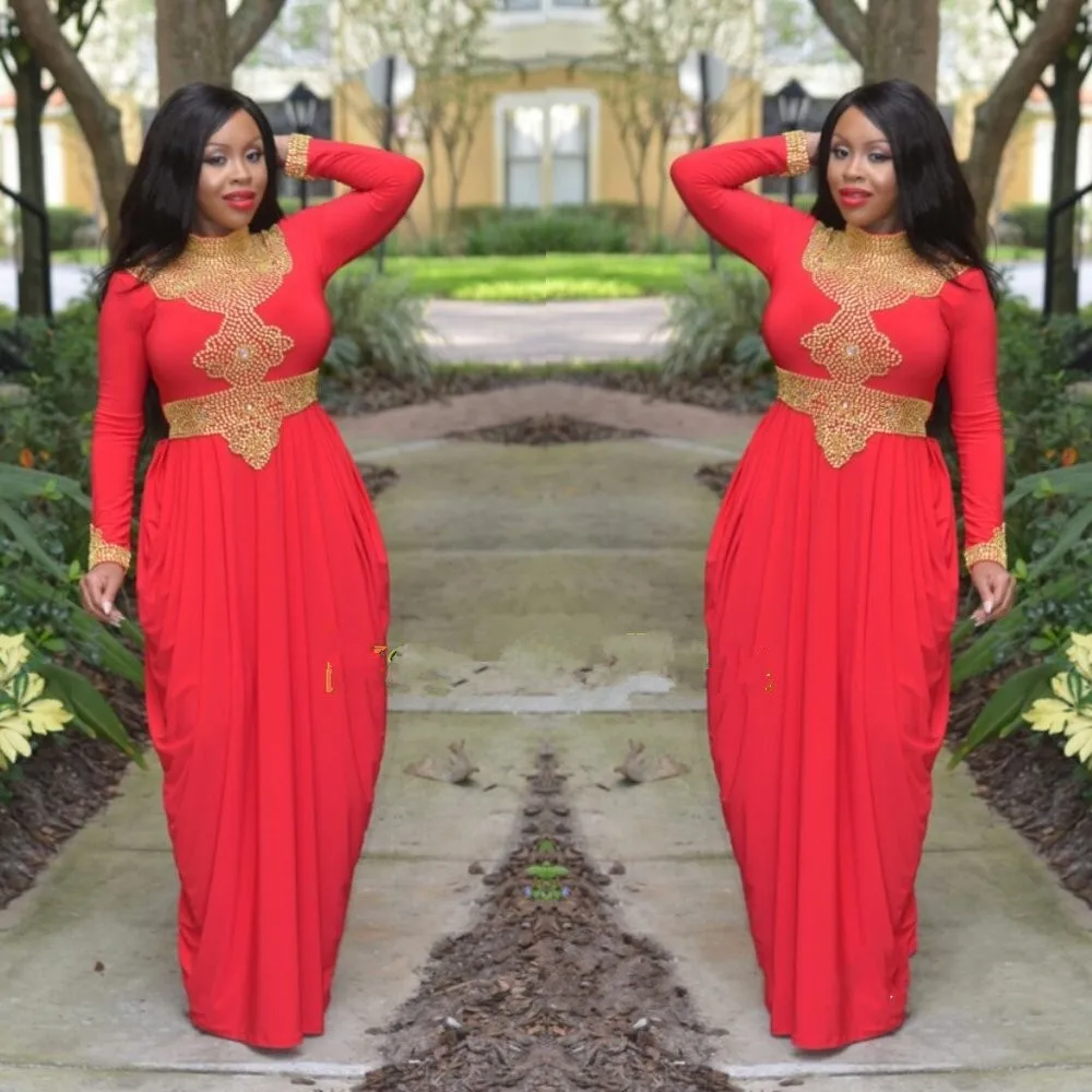 

Turkish Dubai Abaya Morrocan Kaftan Red and Gold Beads Evening Dress High Neck Long Sleeve African Style Prom Formal Gowns