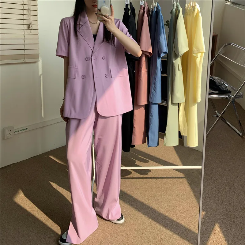 

Work Pant Suits OL 2 Piece Set for Women Spring Summer Short Sleeve Blazer and Wide Leg Pants Sets Office Lady Outfits