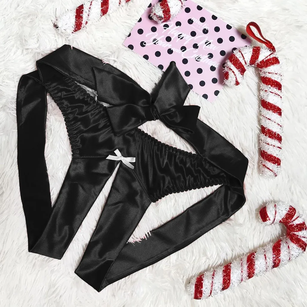 S-3XL Sexy Bowknot Thongs Women Temptation Lingerie Lace Panties Crotchless Sex Ladies Satin Silk Underwear Briefs | Женская одежда