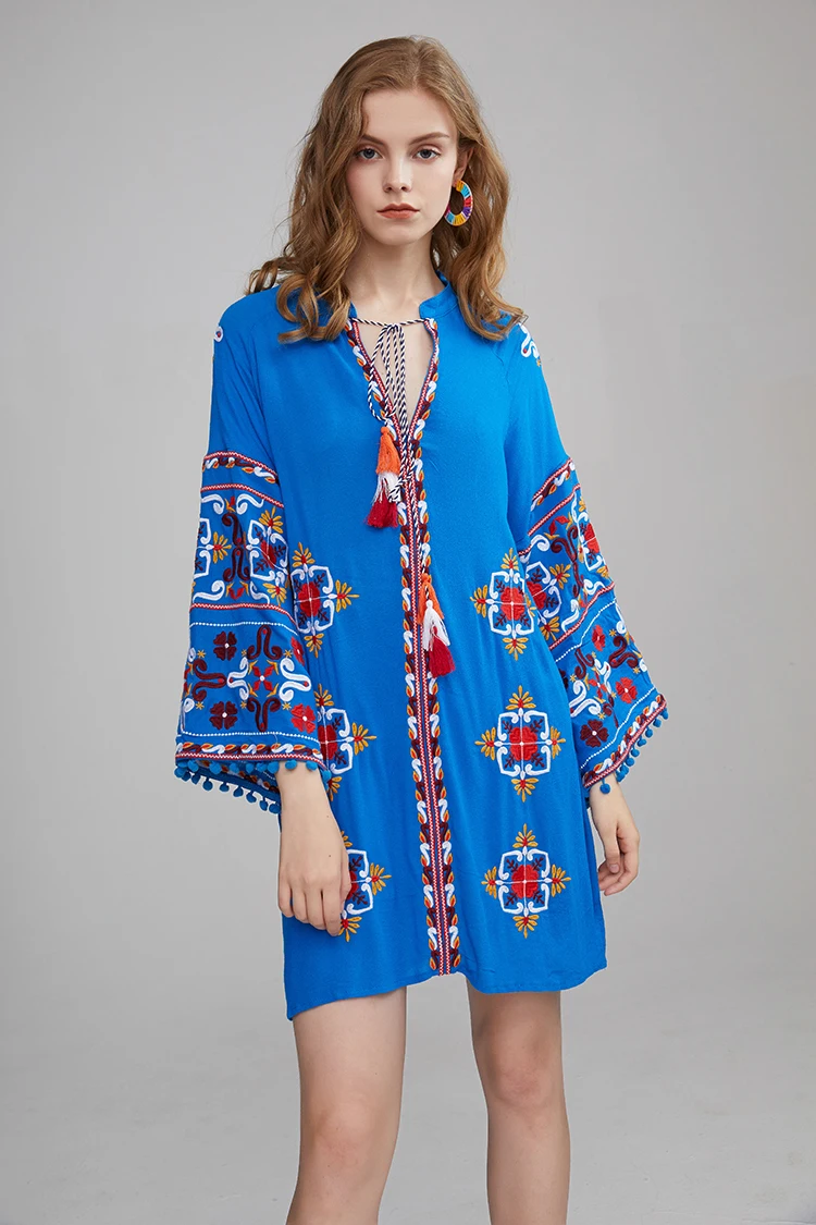 

Exquisite Embroidery Fringed Fur Ball Border Design Cord Hanging Loose-fitting Dress 2019 High Fashion Lady Beautiful Cotton Dress