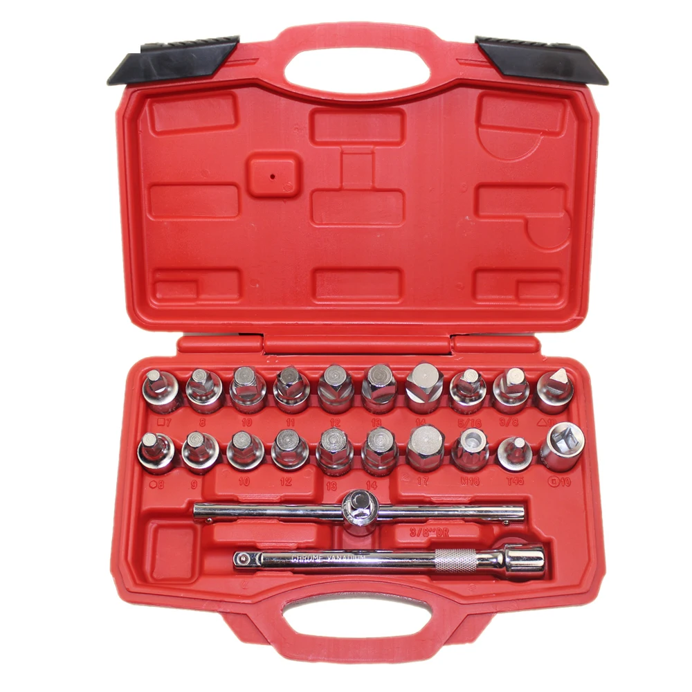 

22PCS Oil Drain Pipe Plug Socket Set Screws Removal Tool Triangle Square Hexagon T-bar Remover Sleeve Special Tools