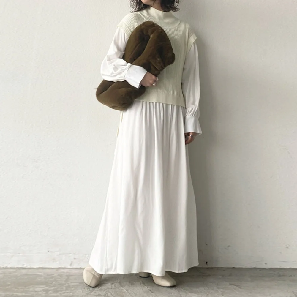 

Knitted Long Dresses For Women Fashion Patchwork Long Sleeves Winter Japanese Style Elegant Office Lady Casual Female Maxi Dress